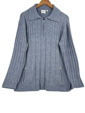 Blueberry Hill Blue Wool Blend 1/4 Zip  2 Zip Pocket Knit Pullover Sweater XL